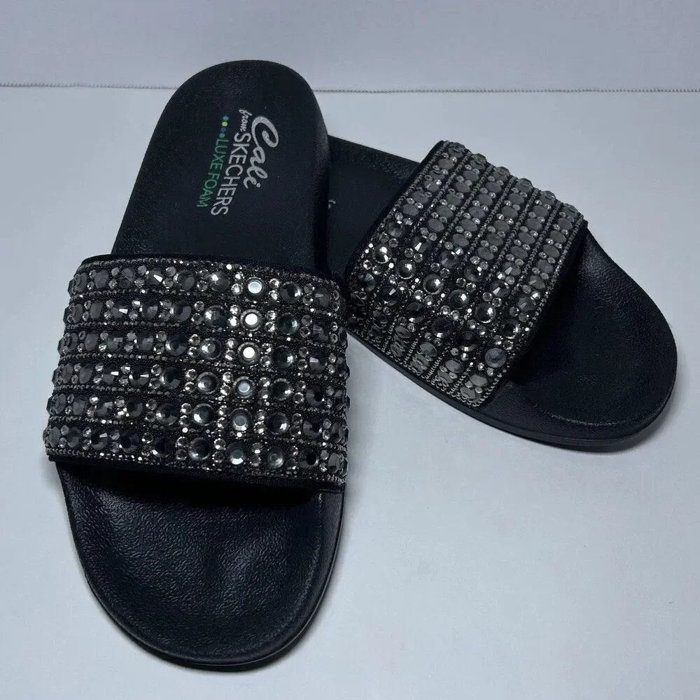 Skechers Slide Sandal Shoes Women's Size 8 Black Cali Luxe Foam Rhinestone - Picture 1 of 7